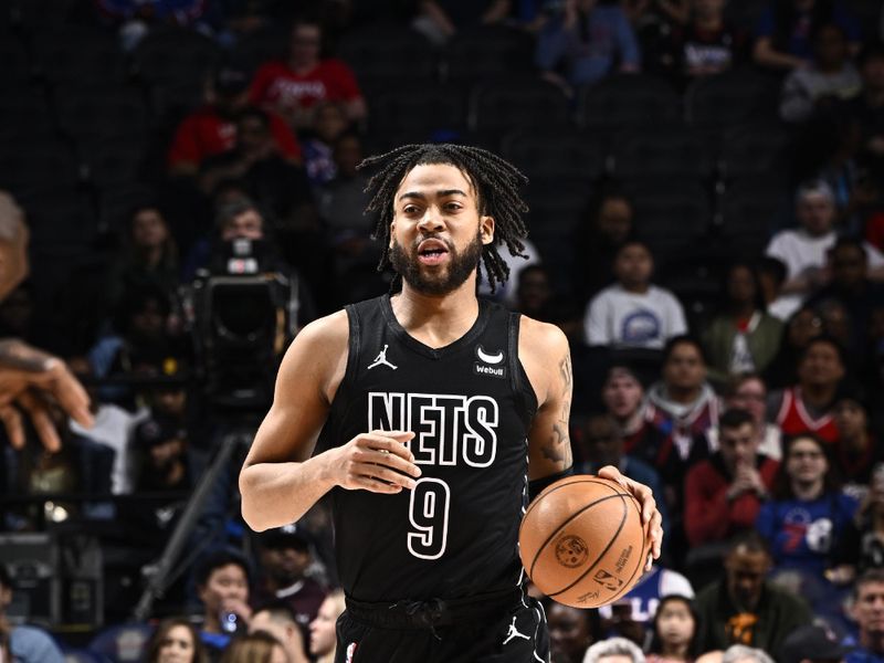 PHILADELPHIA, PA - APRIL 14:  Trendon Watford #9 of the Brooklyn Nets handles the ball during the game against the Philadelphia 76ers on April 14, 2024 at the Wells Fargo Center in Philadelphia, Pennsylvania NOTE TO USER: User expressly acknowledges and agrees that, by downloading and/or using this Photograph, user is consenting to the terms and conditions of the Getty Images License Agreement. Mandatory Copyright Notice: Copyright 2024 NBAE (Photo by David Dow/NBAE via Getty Images)