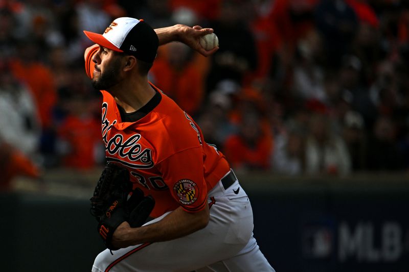 Oct 8, 2023; Baltimore, Maryland, USA; Baltimore Orioles starting pitcher Grayson Rodriguez (30) pitches during the first inning against the Texas Rangers during game two of the ALDS for the 2023 MLB playoffs at Oriole Park at Camden Yards. Mandatory Credit: Tommy Gilligan-USA TODAY Sports