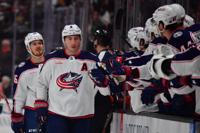 Feb 21, 2024; Anaheim, California, USA;  Columbus Blue Jackets defenseman Zach Werenski (8) celebrates his goal scored against the against the Anaheim Ducks during the first period at Honda Center. Mandatory Credit: Gary A. Vasquez-USA TODAY Sports