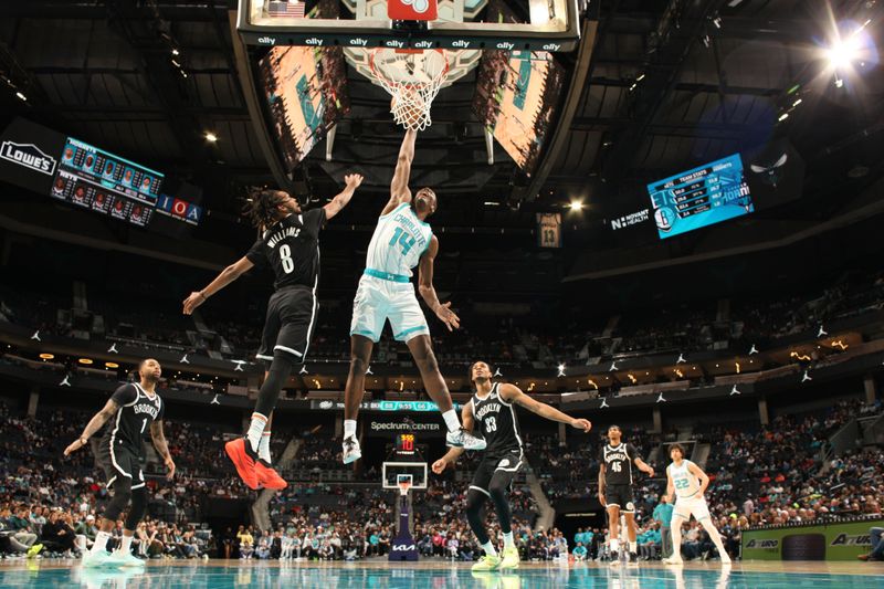 CHARLOTTE, NC - JANUARY 29: Moussa Diabate #14 of the Charlotte Hornets dunks the ball during the game against the Brooklyn Nets on January 29, 2025 at Spectrum Center in Charlotte, North Carolina. NOTE TO USER: User expressly acknowledges and agrees that, by downloading and or using this photograph, User is consenting to the terms and conditions of the Getty Images License Agreement. Mandatory Copyright Notice: Copyright 2025 NBAE (Photo by Kent Smith/NBAE via Getty Images)