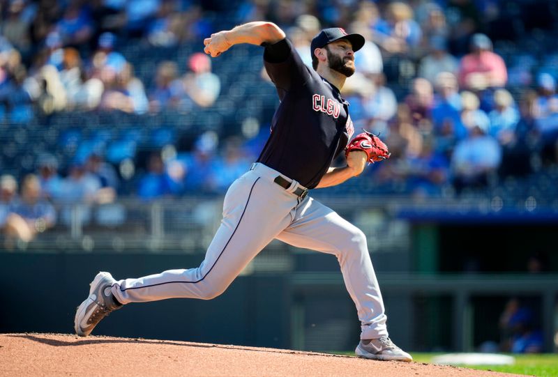 Sep 20, 2023; Kansas City, Missouri, USA; Cleveland Guardians starting pitcher Lucas Giolito (27) pitches during the first inning against the Kansas City Royals at Kauffman Stadium. Mandatory Credit: Jay Biggerstaff-USA TODAY Sports