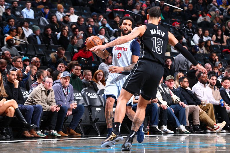 NEW YORK, NY - FEBRUARY 5: Justin Champagnie #9 of the Washington Wizards dribbles the ball during the game against the Brooklyn Nets on February 5, 2025 at Madison Square Garden in New York City, New York.  NOTE TO USER: User expressly acknowledges and agrees that, by downloading and or using this photograph, User is consenting to the terms and conditions of the Getty Images License Agreement. Mandatory Copyright Notice: Copyright 2025 NBAE  (Photo by David L. Nemec/NBAE via Getty Images)