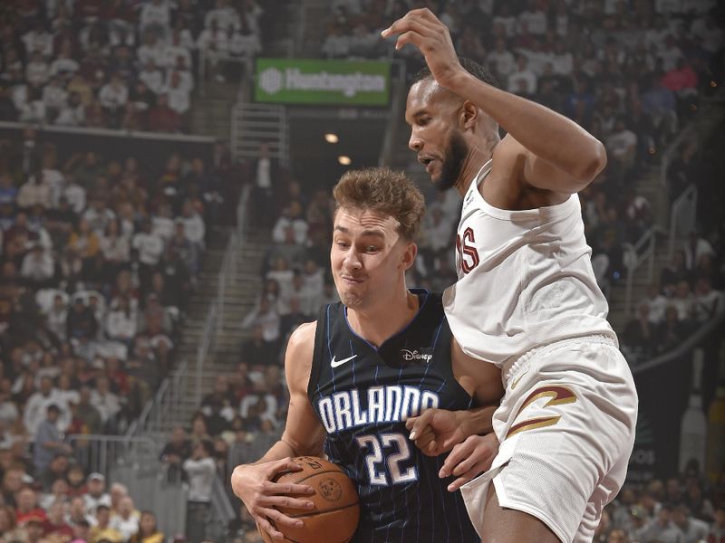 CLEVELAND, OH - APRIL 20: Franz Wagner #22 of the Orlando Magic drives to the basket during Round 1 Game 1 of the 2024 NBA Playoffs against the Cleveland Cavaliers on April 20, 2024 at Rocket Mortgage FieldHouse in Cleveland, Ohio. NOTE TO USER: User expressly acknowledges and agrees that, by downloading and/or using this Photograph, user is consenting to the terms and conditions of the Getty Images License Agreement. Mandatory Copyright Notice: Copyright 2024 NBAE (Photo by David Liam Kyle/NBAE via Getty Images)