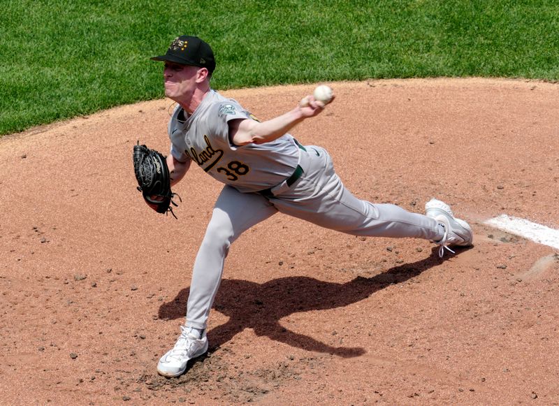 May 19, 2024; Kansas City, Missouri, USA; Oakland Athletics starting pitcher JP Sears (38) pitches during the second inning against the Kansas City Royals at Kauffman Stadium. Mandatory Credit: Jay Biggerstaff-USA TODAY Sports