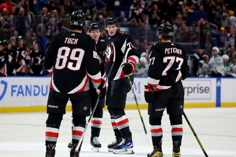 Feb 6, 2024; Buffalo, New York, USA;  Buffalo Sabres right wing Tage Thompson (72) celebrates his goal with teammates during the second period against the Dallas Stars at KeyBank Center. Mandatory Credit: Timothy T. Ludwig-USA TODAY Sports