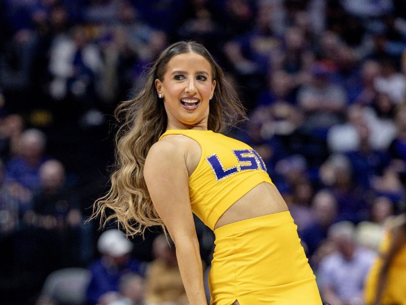 Feb 24, 2024; Baton Rouge, Louisiana, USA; LSU Tigers cheerleader performs during the second half at Pete Maravich Assembly Center. Mandatory Credit: Stephen Lew-USA TODAY Sports