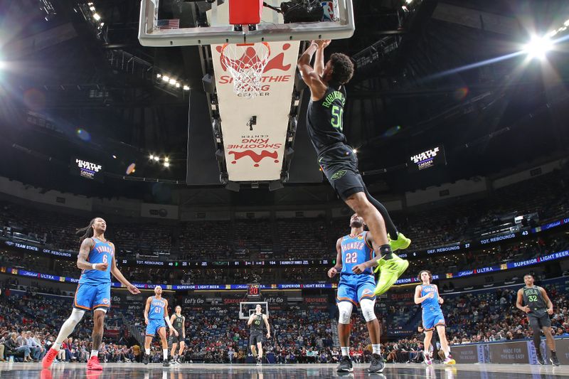 NEW ORLEANS, LA - JANUARY 26: Jeremiah Robinson-Earl #50 of the New Orleans Pelicans dunks the ball during the game against the Oklahoma City Thunder on January 26, 2024 at the Smoothie King Center in New Orleans, Louisiana. NOTE TO USER: User expressly acknowledges and agrees that, by downloading and or using this Photograph, user is consenting to the terms and conditions of the Getty Images License Agreement. Mandatory Copyright Notice: Copyright 2024 NBAE (Photo by Layne Murdoch Jr./NBAE via Getty Images)