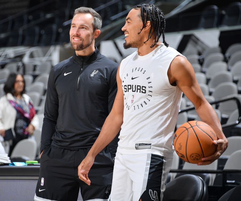 SAN ANTONIO, TX - OCTOBER 12: Tre Jones #33 of the San Antonio Spurs smiles before the game against the Utah Jazz on October 12, 2024 at the Frost Bank Center in San Antonio, Texas. NOTE TO USER: User expressly acknowledges and agrees that, by downloading and or using this photograph, user is consenting to the terms and conditions of the Getty Images License Agreement. Mandatory Copyright Notice: Copyright 2024 NBAE (Photos by Michael Gonzales/NBAE via Getty Images)