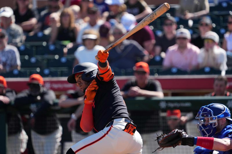 Mar 1, 2024; Scottsdale, Arizona, USA; San Francisco Giants second baseman Thairo Estrada (39) bats against the Texas Rangers during the first inning at Scottsdale Stadium. Mandatory Credit: Joe Camporeale-USA TODAY Sports