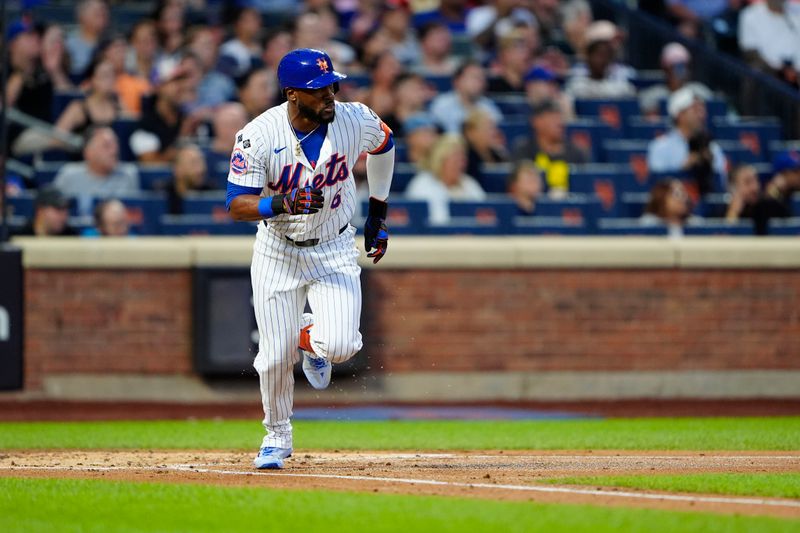 Aug 19, 2024; New York City, New York, USA; New York Mets right fielder Starling Marte (6) runs out a single against the Baltimore Orioles during the first inning at Citi Field. Mandatory Credit: Gregory Fisher-USA TODAY Sports