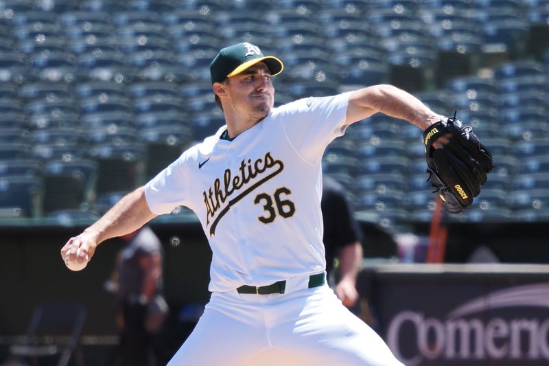 May 1, 2024; Oakland, California, USA; Oakland Athletics starting pitcher Ross Stripling (36) delivers a pitch against the Pittsburgh Pirates during the first inning at Oakland-Alameda County Coliseum. Mandatory Credit: Kelley L Cox-USA TODAY Sports