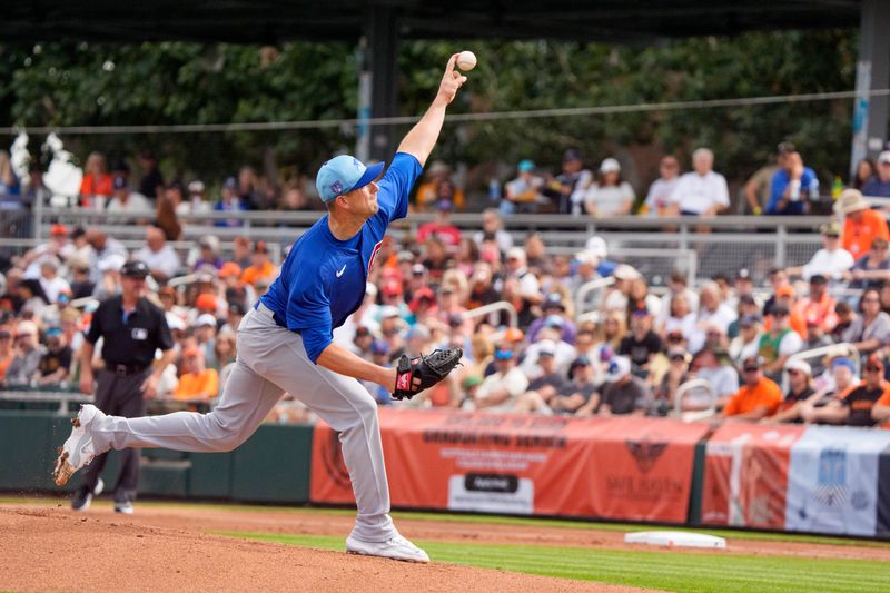 Feb 24, 2024; Scottsdale, Arizona, USA; Chicago Cubs pitcher Drew Smyly (11) on the mound in the first inning during a spring training game against the San Francisco Giants at Scottsdale Stadium. Mandatory Credit: Allan Henry-USA TODAY Sports