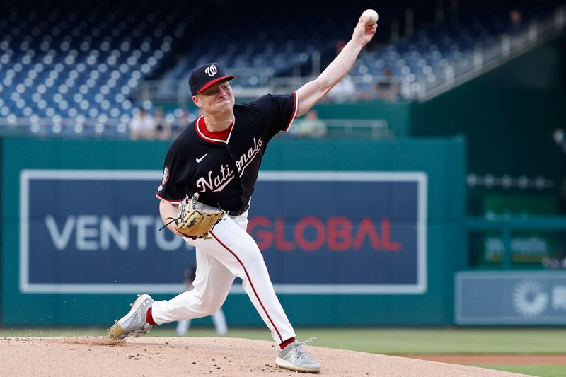 Jun 4, 2024; Washington, District of Columbia, USA; Washington Nationals starting pitcher D J Herz (74) pitches against the New York Mets during the first inning at Nationals Park. Mandatory Credit: Geoff Burke-USA TODAY Sports