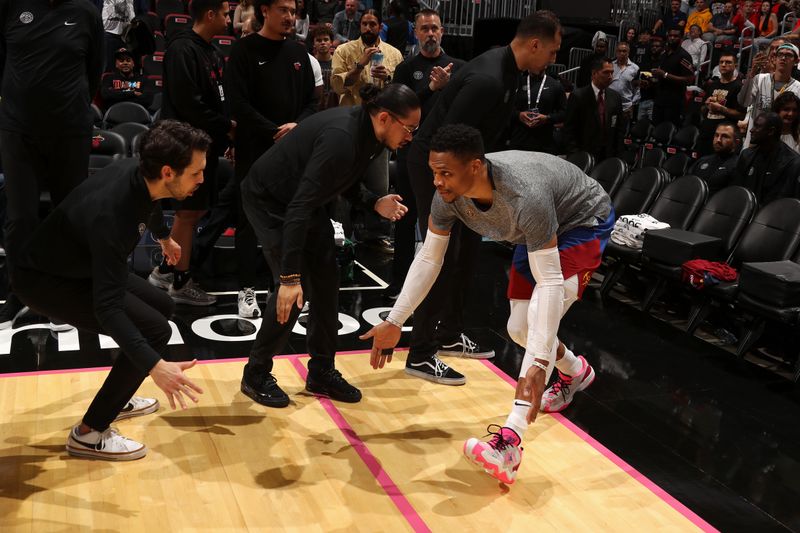 MIAMI, FL - JANUARY 17: Russell Westbrook #4 of the Denver Nuggets is introduced before the game against the Miami Heat on January 17, 2025 at Kaseya Center in Miami, Florida. NOTE TO USER: User expressly acknowledges and agrees that, by downloading and or using this Photograph, user is consenting to the terms and conditions of the Getty Images License Agreement. Mandatory Copyright Notice: Copyright 2025 NBAE (Photo by Issac Baldizon/NBAE via Getty Images)