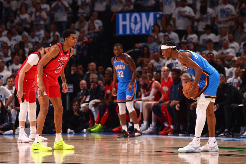 OKLAHOMA CITY, OK - APRIL 24: Shai Gilgeous-Alexander #2 of the Oklahoma City Thunder handles the ball during the game against the New Orleans Pelicans during Round 1 Game 2 of the 2024 NBA Playoffs on April 24, 2024 at Paycom Arena in Oklahoma City, Oklahoma. NOTE TO USER: User expressly acknowledges and agrees that, by downloading and or using this photograph, User is consenting to the terms and conditions of the Getty Images License Agreement. Mandatory Copyright Notice: Copyright 2024 NBAE (Photo by Zach Beeker/NBAE via Getty Images)