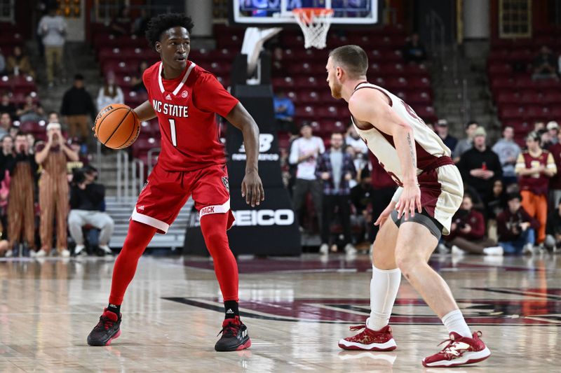 Feb 11, 2023; Chestnut Hill, Massachusetts, USA; North Carolina State Wolfpack guard Jarkel Joiner (1) drives to the basket against Boston College Eagles guard Mason Madsen (45) during the first half at the Conte Forum. Mandatory Credit: Brian Fluharty-USA TODAY Sports