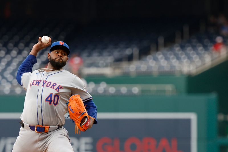 Jun 5, 2024; Washington, District of Columbia, USA; New York Mets starting pitcher Luis Severino (40) pitches against the Washington Nationals during the first inning at Nationals Park. Mandatory Credit: Geoff Burke-USA TODAY Sports