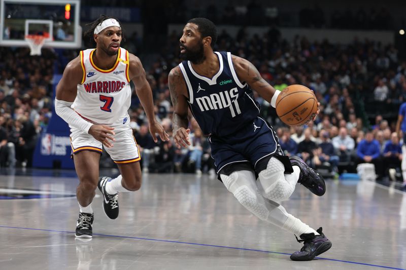 DALLAS, TX - FEBRUARY 12:  Kyrie Irving #11 of the Dallas Mavericks handles the ball during the game against the Golden State Warriors on February 12, 2025 at American Airlines Center in Dallas, Texas. NOTE TO USER: User expressly acknowledges and agrees that, by downloading and or using this photograph, User is consenting to the terms and conditions of the Getty Images License Agreement. Mandatory Copyright Notice: Copyright 2025 NBAE (Photo by Tim Heitman/NBAE via Getty Images)