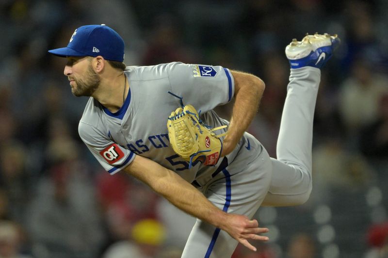 May 9, 2024; Anaheim, California, USA;  Kansas City Royals pitcher Michael Wacha (52) delivers to the plate in the sixth inning against the Los Angeles Angels at Angel Stadium. Mandatory Credit: Jayne Kamin-Oncea-USA TODAY Sports