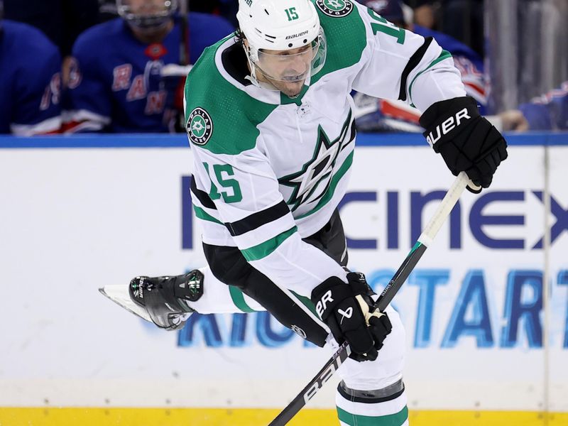 Feb 20, 2024; New York, New York, USA; Dallas Stars center Craig Smith (15) takes a shot against the New York Rangers during the third period at Madison Square Garden. Mandatory Credit: Brad Penner-USA TODAY Sports