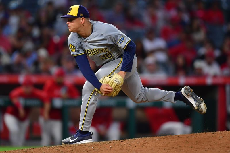 Jun 18, 2024; Anaheim, California, USA; Milwaukee Brewers pitcher Tobias Myers (36) throws against the Los Angeles Angels during the sixth inning at Angel Stadium. Mandatory Credit: Gary A. Vasquez-USA TODAY Sports