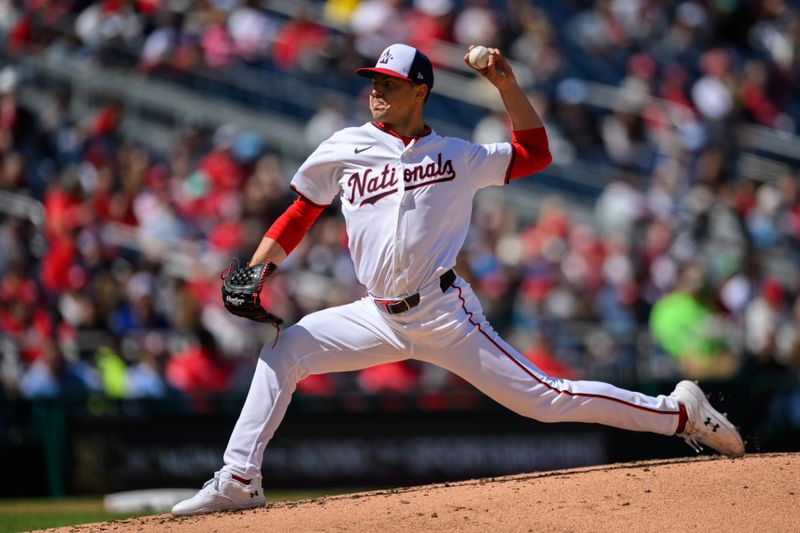 Apr 7, 2024; Washington, District of Columbia, USA; Washington Nationals pitcher MacKenzie Gore (1) throws a pitch during the first inning against the Philadelphia Phillies at Nationals Park. Mandatory Credit: Reggie Hildred-USA TODAY Sports