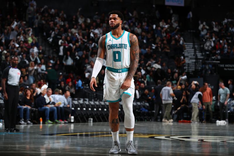 BROOKLYN, NY - NOVEMBER 19: Miles Bridges #0 of the Charlotte Hornets looks on during the game against the Brooklyn Nets during an Emirates NBA Cup game on November 19, 2024 at Barclays Center in Brooklyn, New York. NOTE TO USER: User expressly acknowledges and agrees that, by downloading and or using this Photograph, user is consenting to the terms and conditions of the Getty Images License Agreement. Mandatory Copyright Notice: Copyright 2024 NBAE (Photo by David L. Nemec/NBAE via Getty Images)