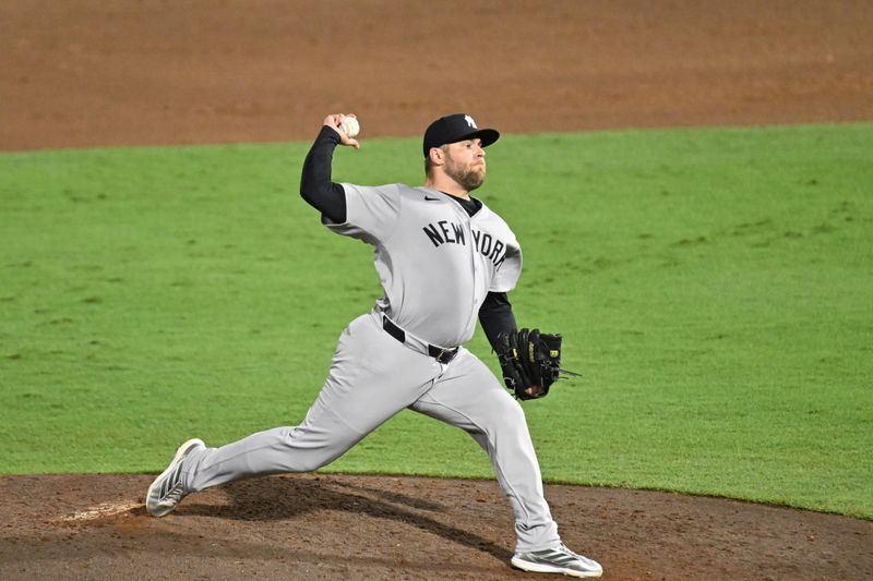 Aug 20, 2025; St. Petersburg, Florida, USA; New York Yankees relief pitcher David Bednar (53) throws a pitch in the ninth inning against the Tampa Bay Rays  at George M. Steinbrenner Field. Mandatory Credit: Jonathan Dyer-Imagn Images