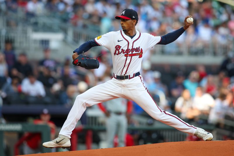 May 30, 2024; Atlanta, Georgia, USA; Atlanta Braves starting pitcher Ray Kerr (58) throws against the Washington Nationals in the first inning at Truist Park. Mandatory Credit: Brett Davis-USA TODAY Sports
