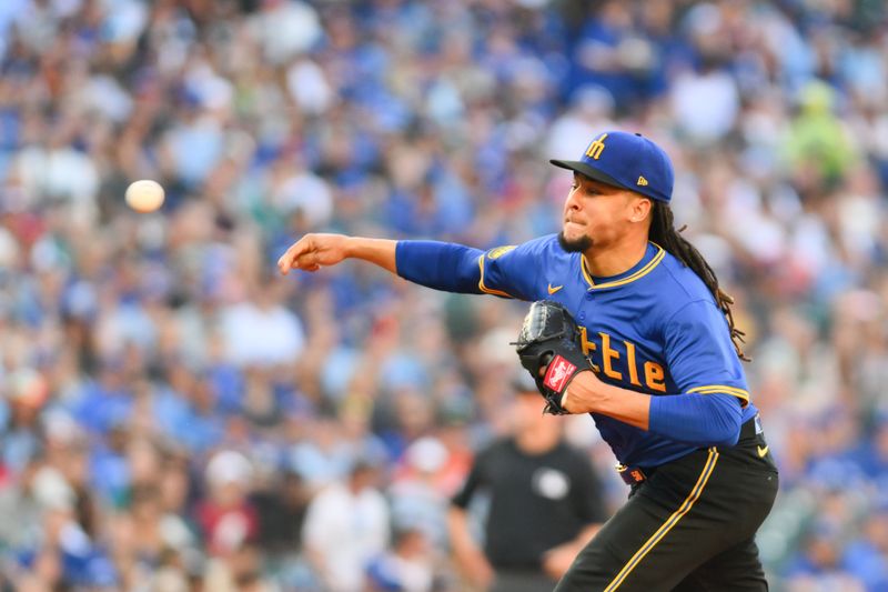 Jul 5, 2024; Seattle, Washington, USA; Seattle Mariners starting pitcher Luis Castillo (58) pitches to the Toronto Blue Jays during the first inning at T-Mobile Park. Mandatory Credit: Steven Bisig-USA TODAY Sports