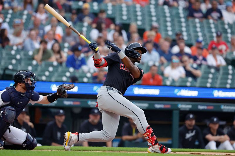 Jul 9, 2024; Detroit, Michigan, USA; Cleveland Guardians Angel Martínez (1) hits a home run in the first inning against the Detroit Tigers at Comerica Park. Mandatory Credit: Rick Osentoski-USA TODAY Sports