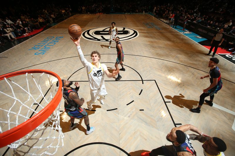 BROOKLYN, NY - JANUARY 29: Lauri Markkanen #23 of the Utah Jazz drives to the basket during the game against the Brooklyn Nets on January 29, 2024 at Barclays Center in Brooklyn, New York. NOTE TO USER: User expressly acknowledges and agrees that, by downloading and or using this Photograph, user is consenting to the terms and conditions of the Getty Images License Agreement. Mandatory Copyright Notice: Copyright 2024 NBAE (Photo by Nathaniel S. Butler/NBAE via Getty Images)