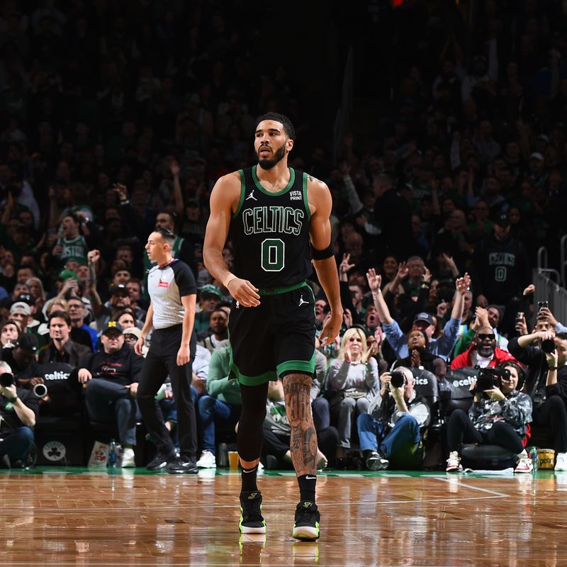 BOSTON, MA - MARCH 1: Jayson Tatum #0 of the Boston Celtics looks on during the game against the Dallas Mavericks on March 1, 2024 at the TD Garden in Boston, Massachusetts. NOTE TO USER: User expressly acknowledges and agrees that, by downloading and or using this photograph, User is consenting to the terms and conditions of the Getty Images License Agreement. Mandatory Copyright Notice: Copyright 2024 NBAE  (Photo by Brian Babineau/NBAE via Getty Images)