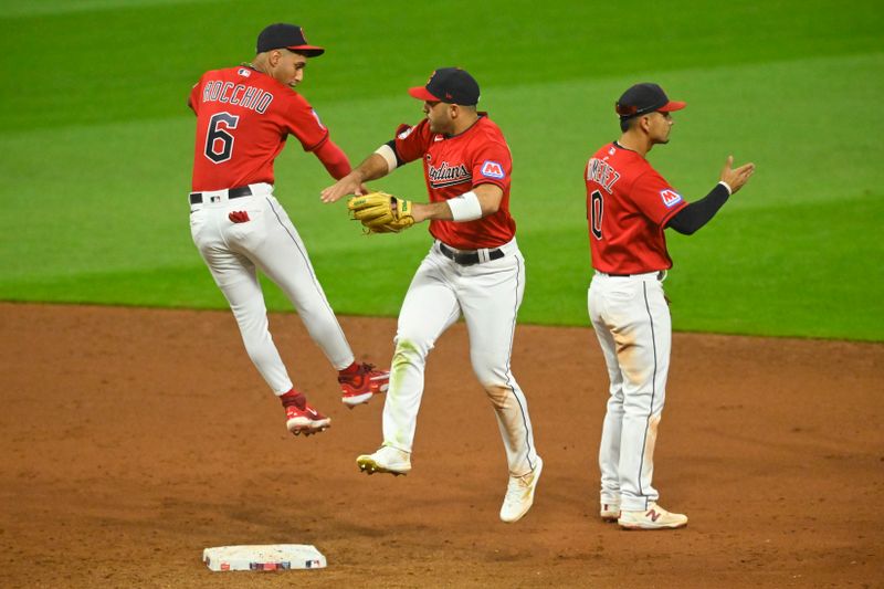 Aug 8, 2023; Cleveland, Ohio, USA; The Cleveland Guardians celebrate a win over the Toronto Blue Jays at Progressive Field. Mandatory Credit: David Richard-USA TODAY Sports