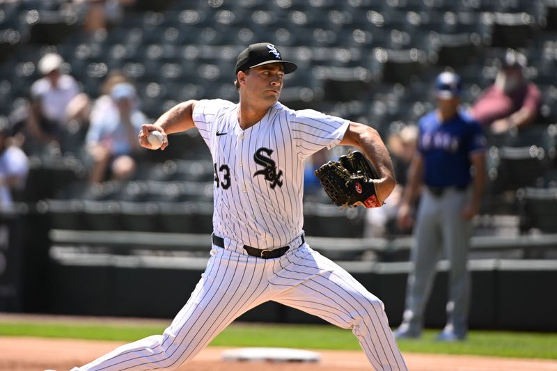 Aug 29, 2024; Chicago, Illinois, USA;  Chicago White Sox pitcher Nick Nastrini (43) delivers against the Texas Rangers during the first inning at Guaranteed Rate Field. Mandatory Credit: Matt Marton-USA TODAY Sports