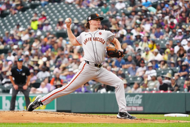 Jul 21, 2024; Denver, Colorado, USA; San Francisco Giants starting pitcher Hayden Birdsong (60) delivers a pitch in the fourth inning against the Colorado Rockies at Coors Field. Mandatory Credit: Ron Chenoy-USA TODAY Sports