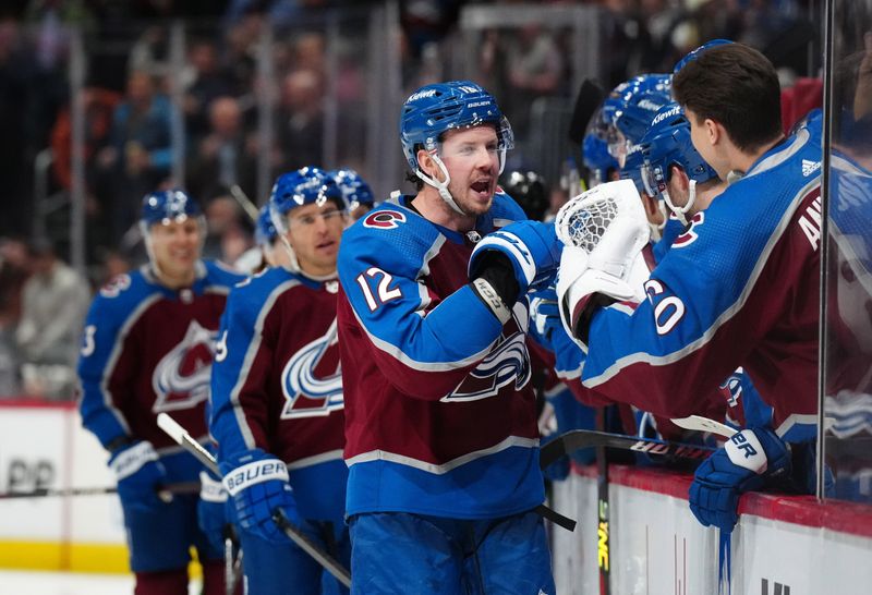 Feb 20, 2024; Denver, Colorado, USA; Colorado Avalanche center Ryan Johansen (12) celebrates his goal ahead goal in the third period against the Vancouver Canucks at Ball Arena. Mandatory Credit: Ron Chenoy-USA TODAY Sports