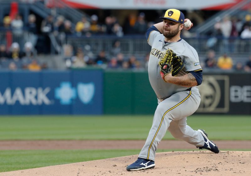 Apr 24, 2024; Pittsburgh, Pennsylvania, USA;  Milwaukee Brewers starting pitcher Bryse Wilson (46) delivers a pitch against the Pittsburgh Pirates during the first inning at PNC Park. Mandatory Credit: Charles LeClaire-USA TODAY Sports