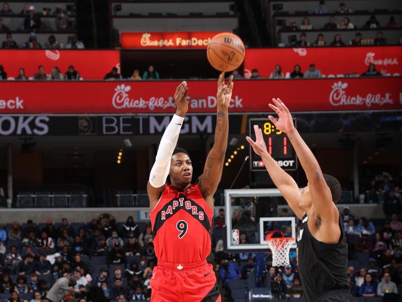 MEMPHIS, TN - JANUARY 3:  RJ Barrett #9 of the Toronto Raptors shoots a three point basket during the game  on January 3, 2024 at FedExForum in Memphis, Tennessee. NOTE TO USER: User expressly acknowledges and agrees that, by downloading and or using this photograph, User is consenting to the terms and conditions of the Getty Images License Agreement. Mandatory Copyright Notice: Copyright 2024 NBAE (Photo by Joe Murphy/NBAE via Getty Images)