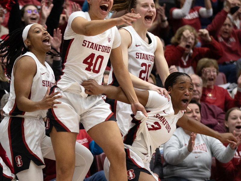 Jan 21, 2024; Stanford, California, USA; The Stanford Cardinal bench reacts to a 3-point basket by their teammate against the Oregon State Beavers during the third quarter at Maples Pavilion. Mandatory Credit: D. Ross Cameron-USA TODAY Sports