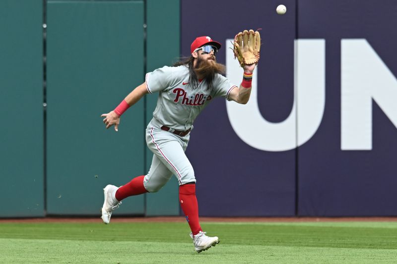 Jul 23, 2023; Cleveland, Ohio, USA; Philadelphia Phillies center fielder Brandon Marsh (16) catches a ball hit by Cleveland Guardians right fielder Will Brennan (not pictured) during the second inning at Progressive Field. Mandatory Credit: Ken Blaze-USA TODAY Sports