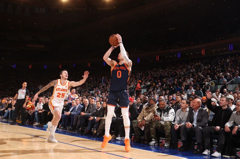 NEW YORK, NY - MARCH 5: Donte Divincenzo #0 of the New York Knicks shoots the ball during the game against the Atlanta Hawks on March 5, 2024 at Madison Square Garden in New York City, New York.  NOTE TO USER: User expressly acknowledges and agrees that, by downloading and or using this photograph, User is consenting to the terms and conditions of the Getty Images License Agreement. Mandatory Copyright Notice: Copyright 2024 NBAE  (Photo by Nathaniel S. Butler/NBAE via Getty Images)