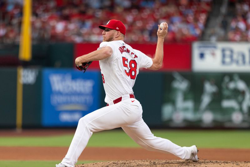 Jun 26, 2024; St. Louis, Missouri, USA; St. Louis Cardinals Chris Roycroft (58) pitches in the seventh inning against the Atlanta Braves at Busch Stadium. Mandatory Credit: Zach Dalin-USA TODAY Sports