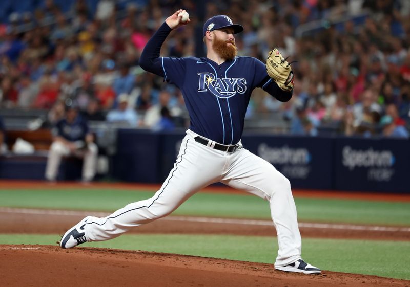 Jul 5, 2023; St. Petersburg, Florida, USA;  Tampa Bay Rays starting pitcher Zack Littell (52) throws a pitch against the Philadelphia Phillies during the second inning at Tropicana Field. Mandatory Credit: Kim Klement-USA TODAY Sports