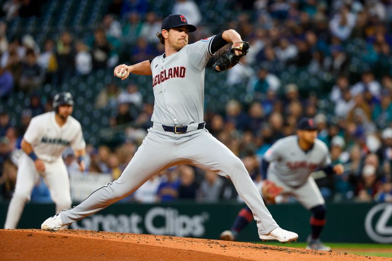 Apr 2, 2024; Seattle, Washington, USA; Cleveland Guardians starting pitcher Shane Bieber (57) throws against the Seattle Mariners during the second inning at T-Mobile Park. Mandatory Credit: Joe Nicholson-USA TODAY Sports