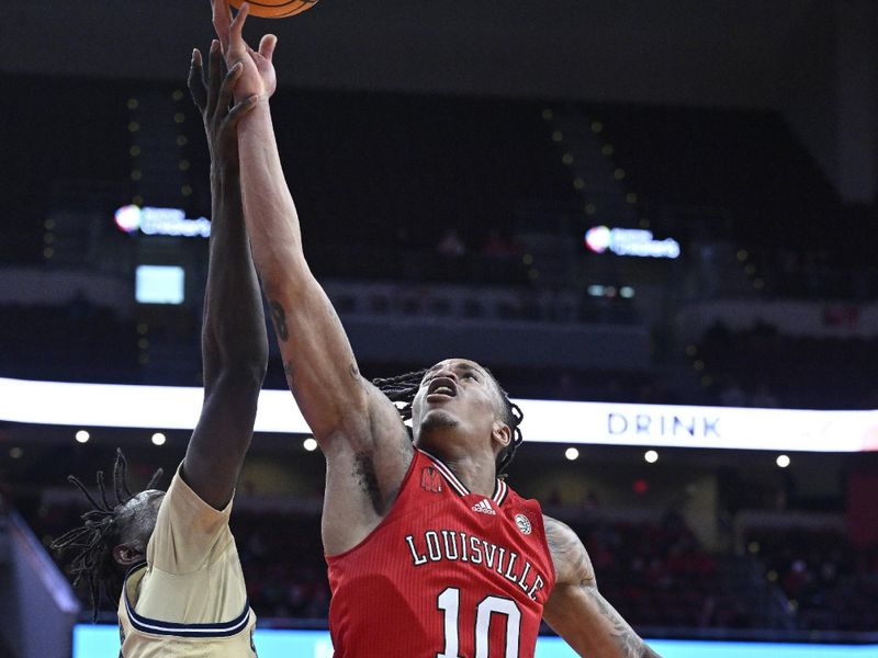 Feb 10, 2024; Louisville, Kentucky, USA; Louisville Cardinals forward Kaleb Glenn (10) battles Georgia Tech Yellow Jackets forward Baye Ndongo (11) for a rebound during the second half at KFC Yum! Center. Louisville defeated Georgia Tech 79-67. Mandatory Credit: Jamie Rhodes-USA TODAY Sports