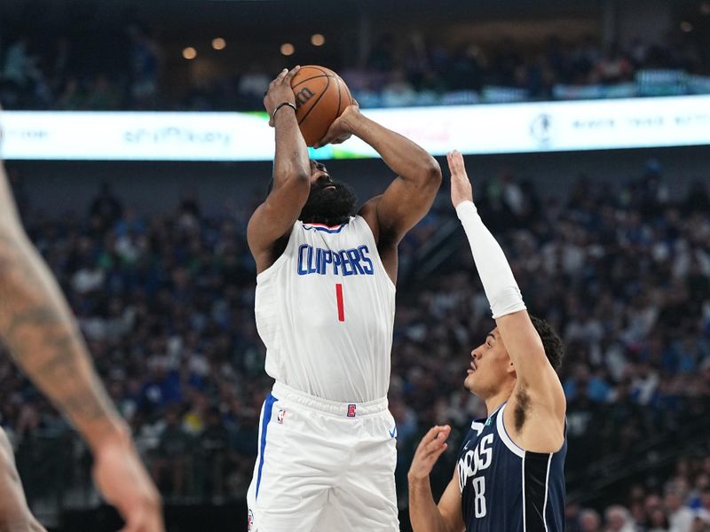 DALLAS, TX - APRIL 28: James Harden #1 of the LA Clippers shoots the ball during the game against the Dallas Mavericks during Round 1 Game 4 of the 2024NBA Playoffs on April 28, 2024 at the American Airlines Center in Dallas, Texas. NOTE TO USER: User expressly acknowledges and agrees that, by downloading and or using this photograph, User is consenting to the terms and conditions of the Getty Images License Agreement. Mandatory Copyright Notice: Copyright 2024 NBAE (Photo by Glenn James/NBAE via Getty Images)