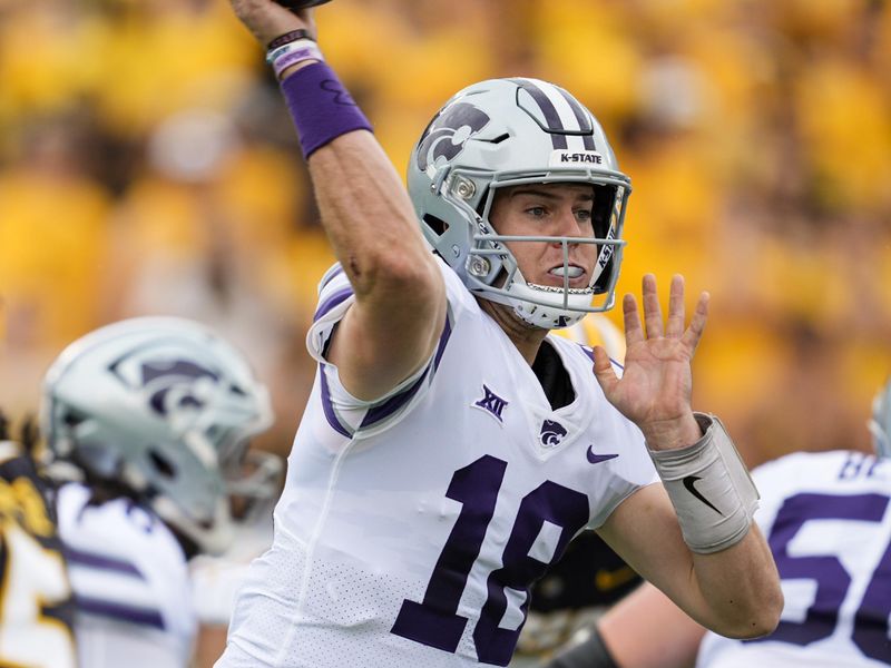 Sep 16, 2023; Columbia, Missouri, USA; Kansas State Wildcats quarterback Will Howard (18) throws a pass against the Missouri Tigers during the first half at Faurot Field at Memorial Stadium. Mandatory Credit: Jay Biggerstaff-USA TODAY Sports