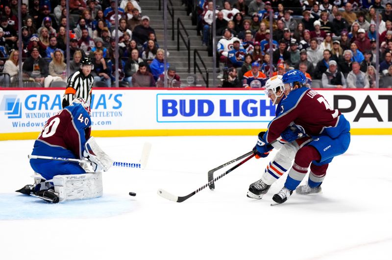 Nov 30, 2024; Denver, Colorado, USA; Colorado Avalanche defenseman John Ludvig (3) defends Edmonton Oilers center Mattias Janmark (13) as goaltender Alexandar Georgiev (40) defends the net in the first period at Ball Arena. Mandatory Credit: Ron Chenoy-Imagn Images