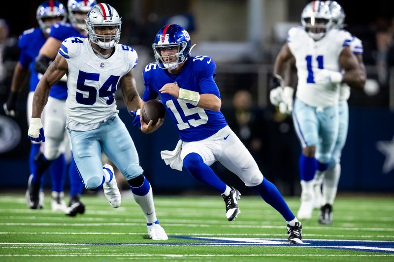 New York Giants quarterback Tommy DeVito (15) carries the ball during the second half of an NFL football game against the Dallas Cowboys, Sunday, Nov. 12, 2023, in Arlington, Texas. Dallas won 49-17. (AP Photo/Brandon Wade)